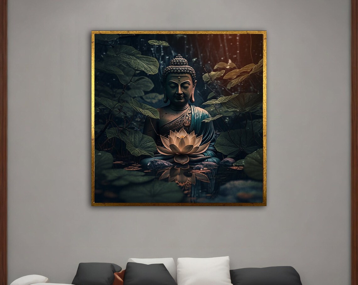 Buddha Lotus Flower Pond Dark Botanical Serene Meditation Wall Art Poster