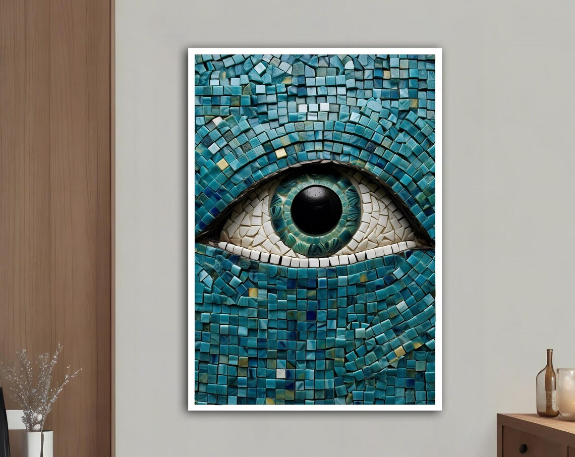Blue Eye Mosaic Tile Teal Waters Close Up Surreal Modern Art Poster