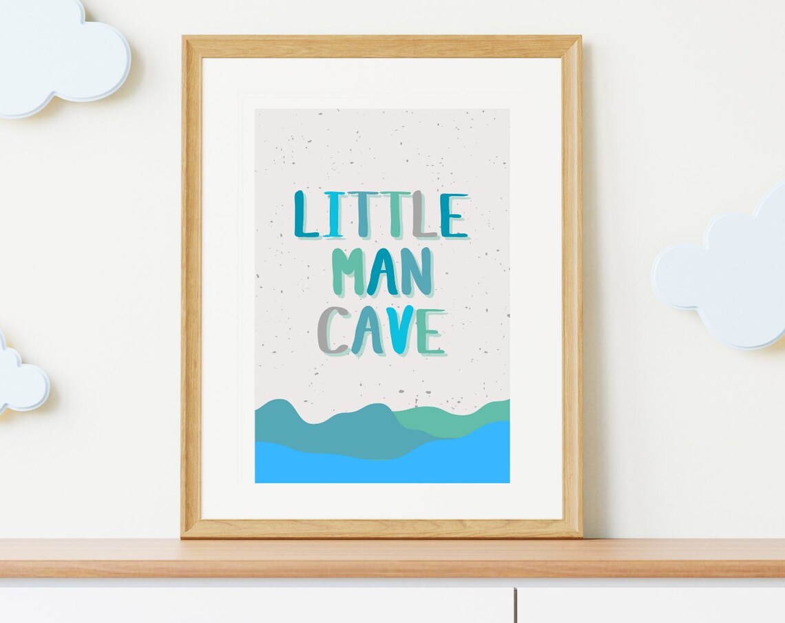 Little Man Cave Blue Watercolor Waves Boys Room Nursery Wall Art