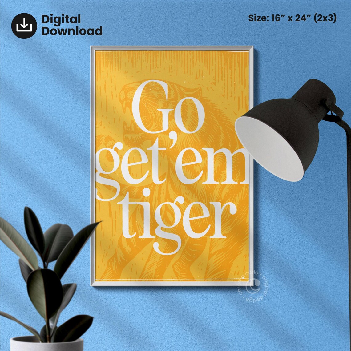 Go Get Em Tiger Yellow Pattern Motivational Typography Print Wall Art Quote Decor Bedroom Poster Modern