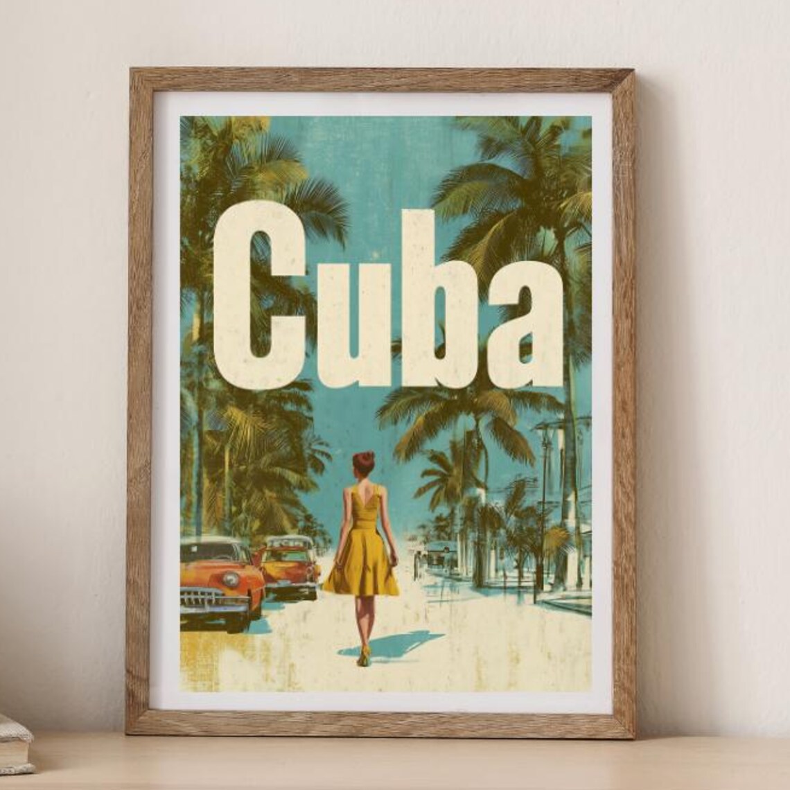 Cuba Vintage Travel Poster Woman In Yellow Dress With Classic Cars