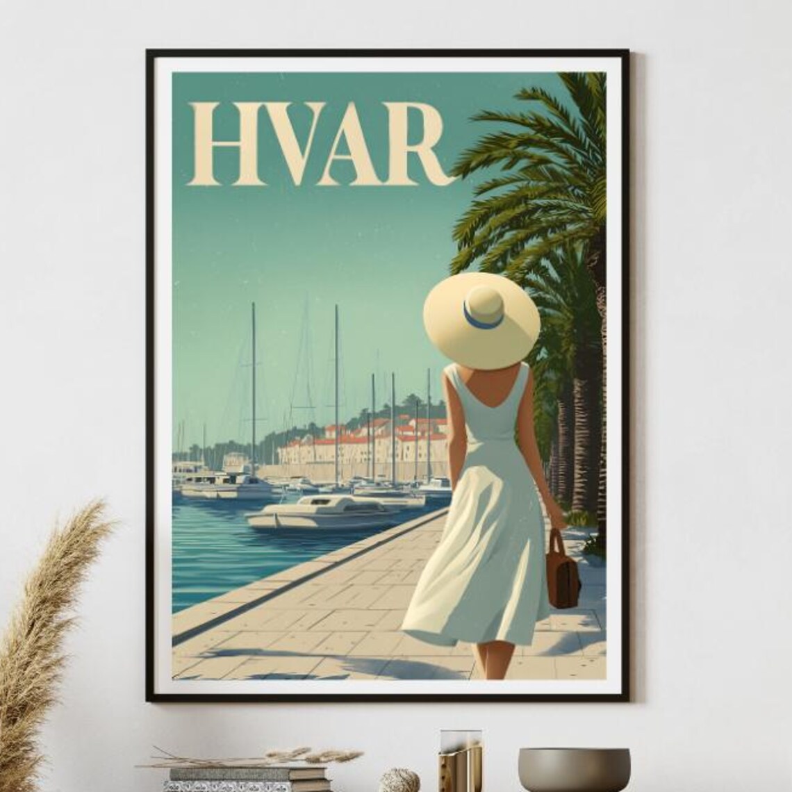 Hvar Harbor Vintage Travel Style Woman in White Marina Walkway Poster