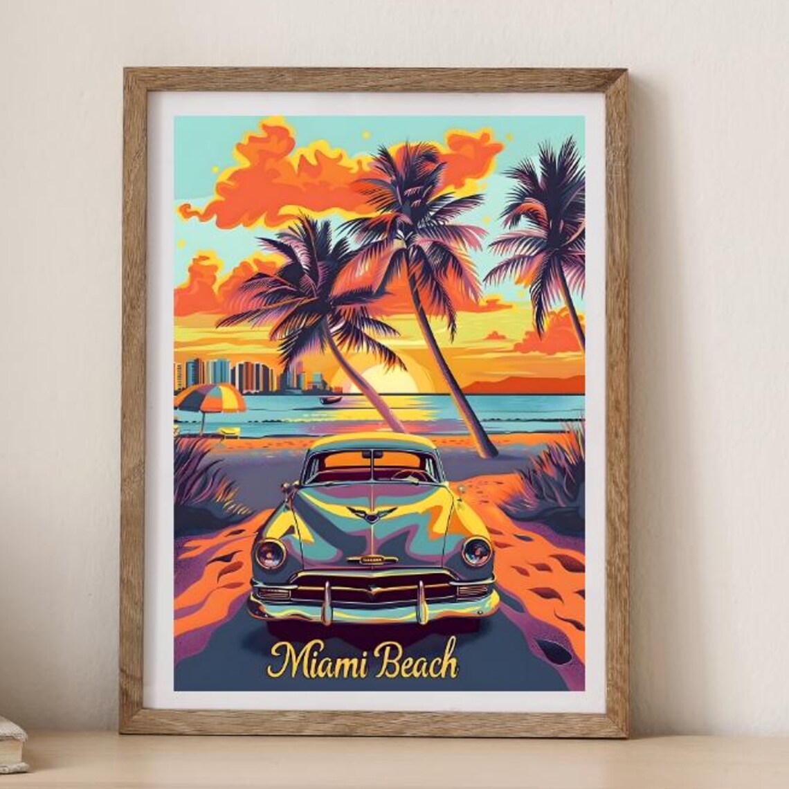 Miami Beach Classic Car Sunset Palm Tree Retro Vintage Travel Poster