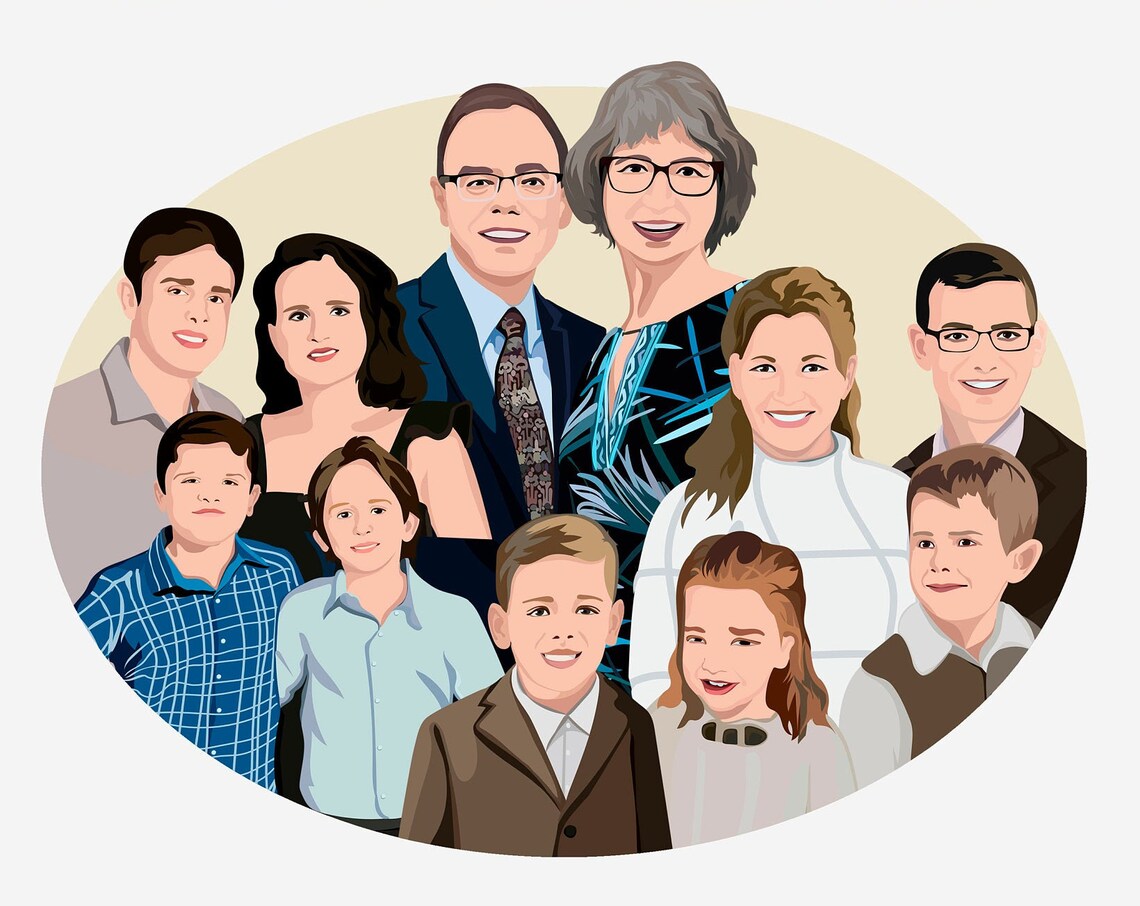 Custom Big Family Portrait Personalized Group Illustration Wall Art