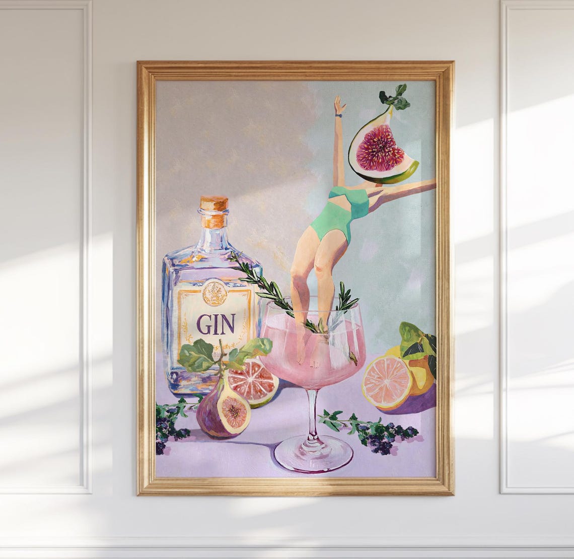 Fig Rosemary Gin Cocktail Whimsical Diver Lady Martini Art Poster