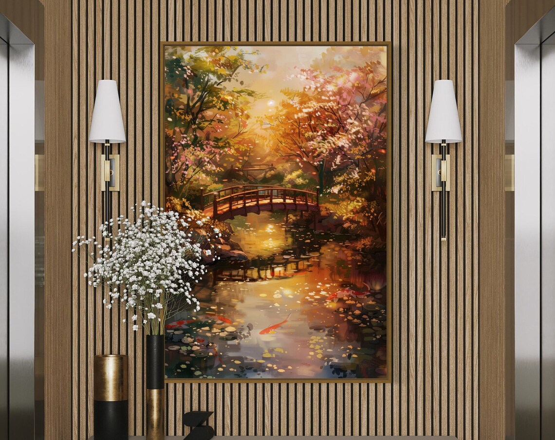 Japanese Zen Garden Koi Pond Wooden Bridge Autumn Light Poster - Image 4