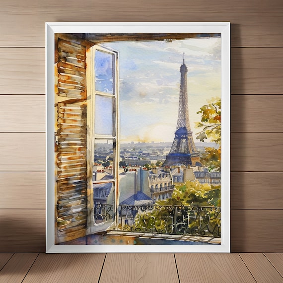 Eiffel Tower Through Open French Window Shutters Watercolor Wall Art