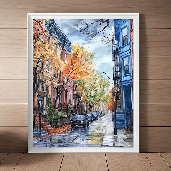 New York City Brooklyn Brownstone Watercolor Travel Poster