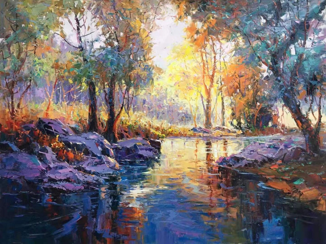 Original Oil Painting Scenery On Wall Art Home Decor Landscape Painting By The Stream In Autumn Rich Color Art Heavy Color Painting