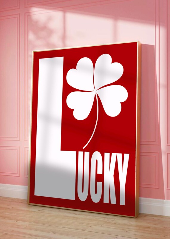 Lucky White Four Leaf Clover Red Bold Typography Wall Decor Poster