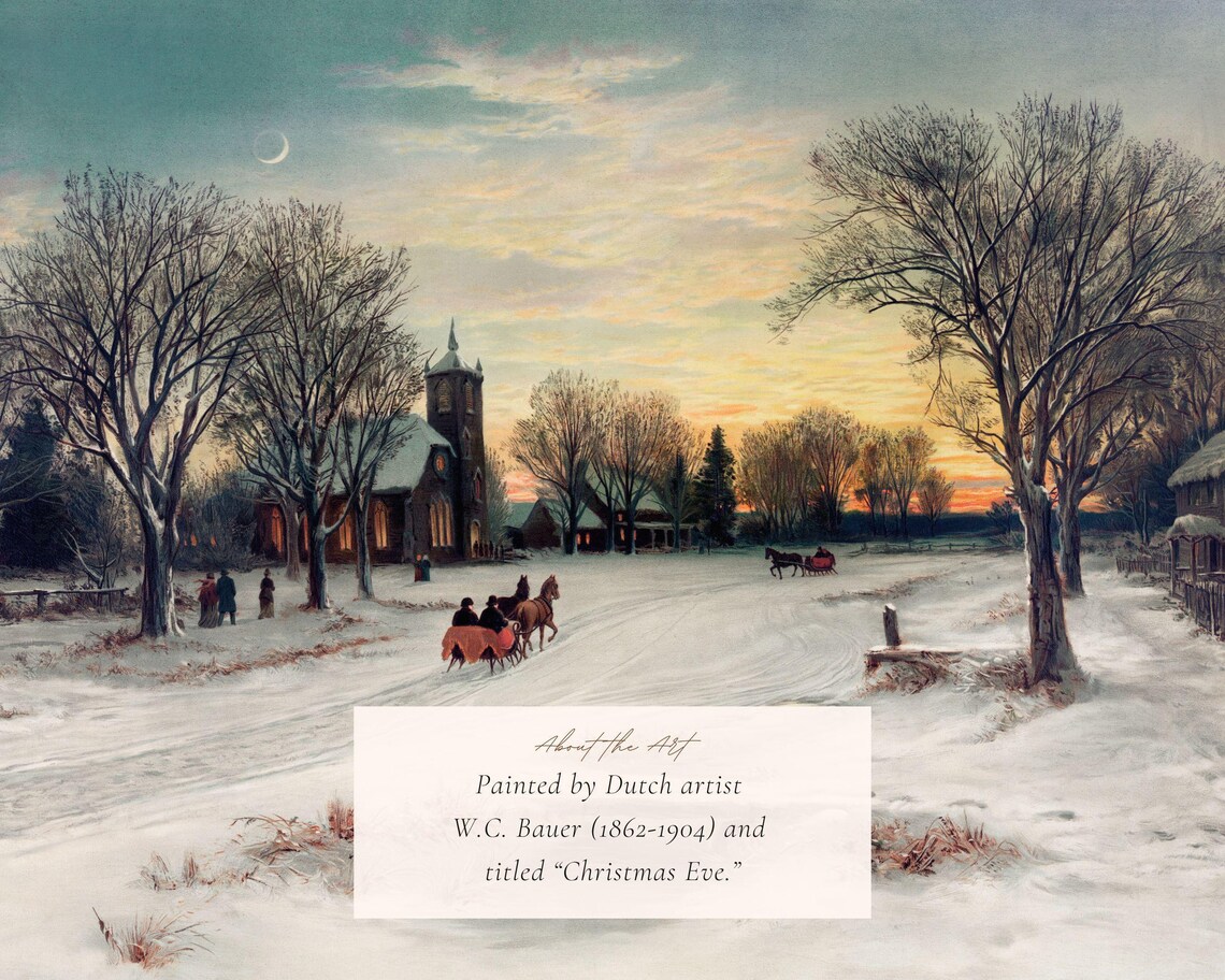 Christmas Eve Village Snowy Church And Horse Sleigh Vintage Art Print - Image 2