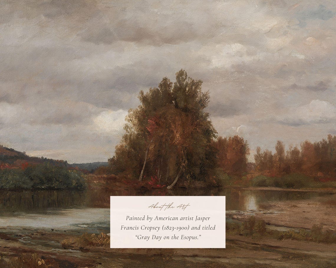 Moody Autumn River Landscape With Golden Trees Vintage Fall Art Print - Image 2