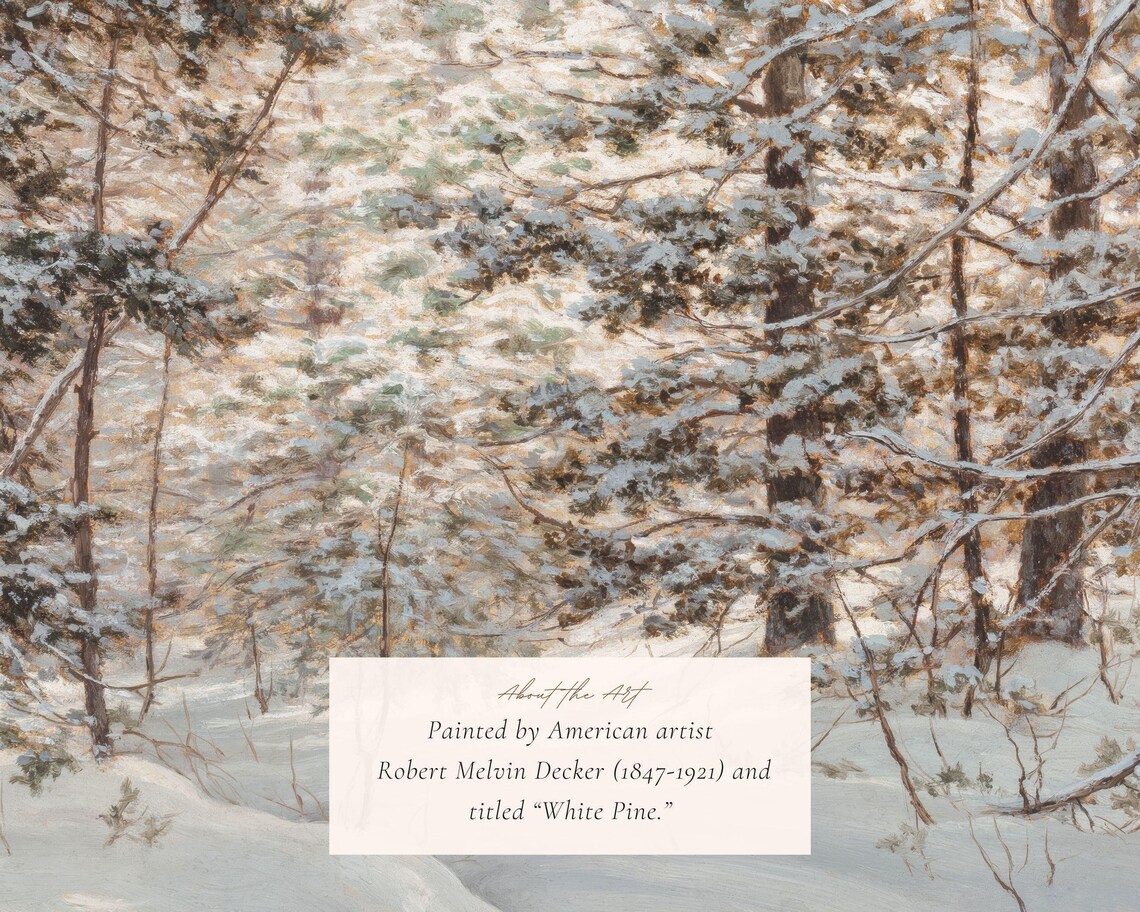 Vintage Snowy Pine Forest Painting Print Winter Woodland Wall Art - Image 2