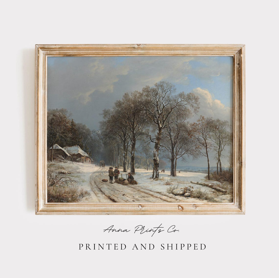 Snowy Forest Road With Travelers And Cottage Antique Winter Art Print