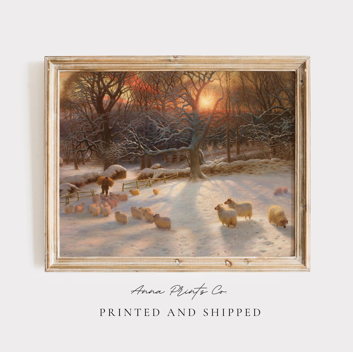 Vintage Sheep in Snowy Landscape, Winter Art Print