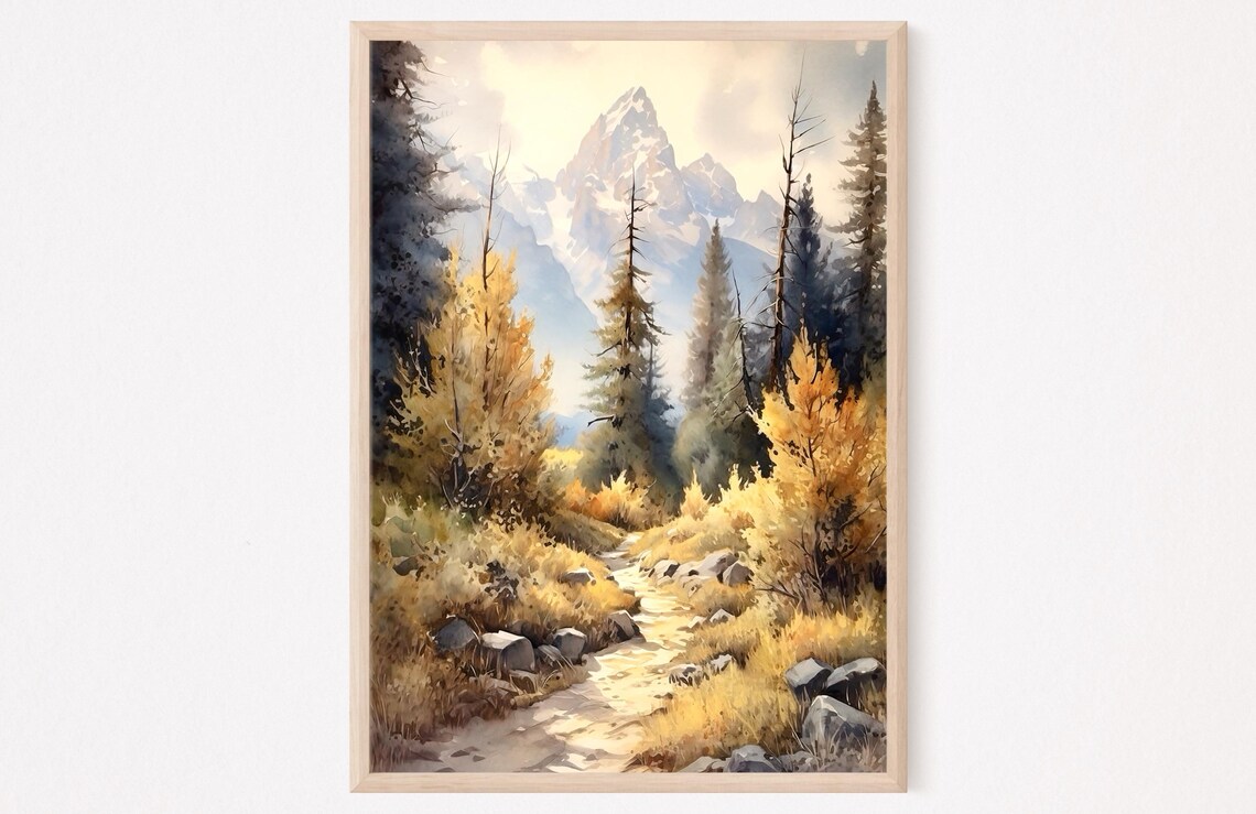 Forest Trail Fall Landscape Painting, Mountain Art Print