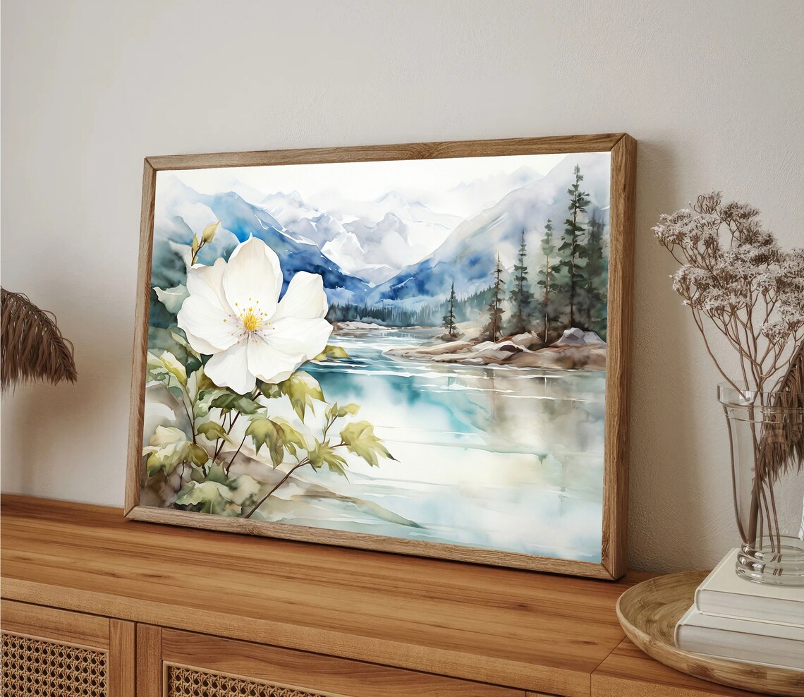 Mountain Lake Watercolor Landscape Art Print, Neutral - Image 3