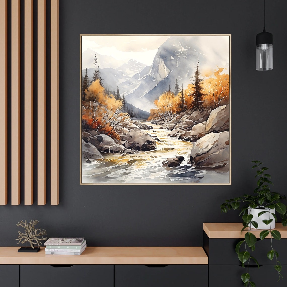 Mountain Stream Autumn Foliage Boulders Misty Watercolor Poster - Image 3