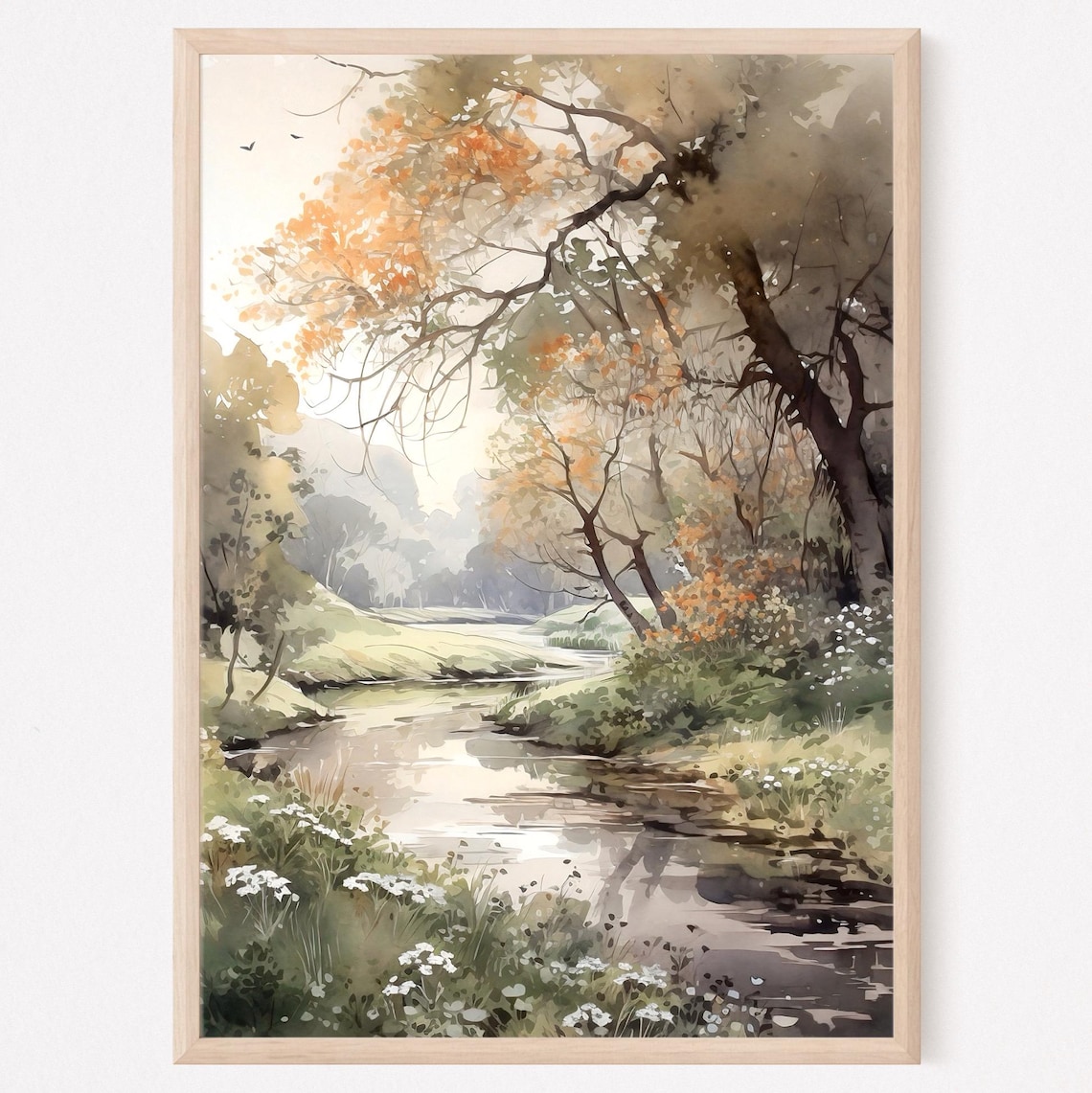 Autumn Landscape Watercolor Art Print, Rustic Nature