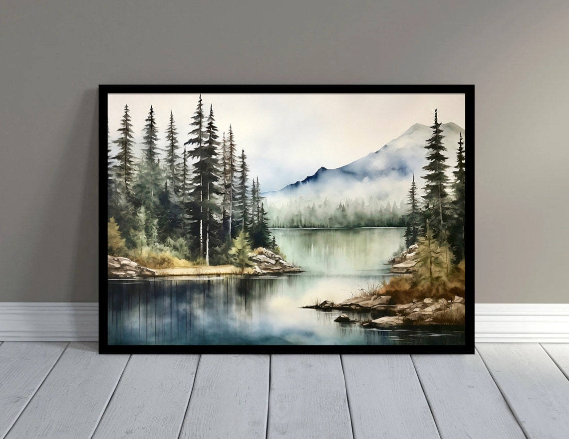 Misty Lake Pine Trees Mountain Haze Watercolor Serene Art Print - Image 3