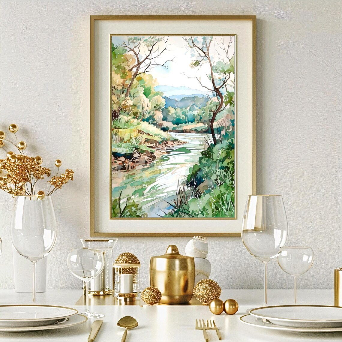 Green River Through Summer Forest Watercolor Nature Art Poster - Image 2