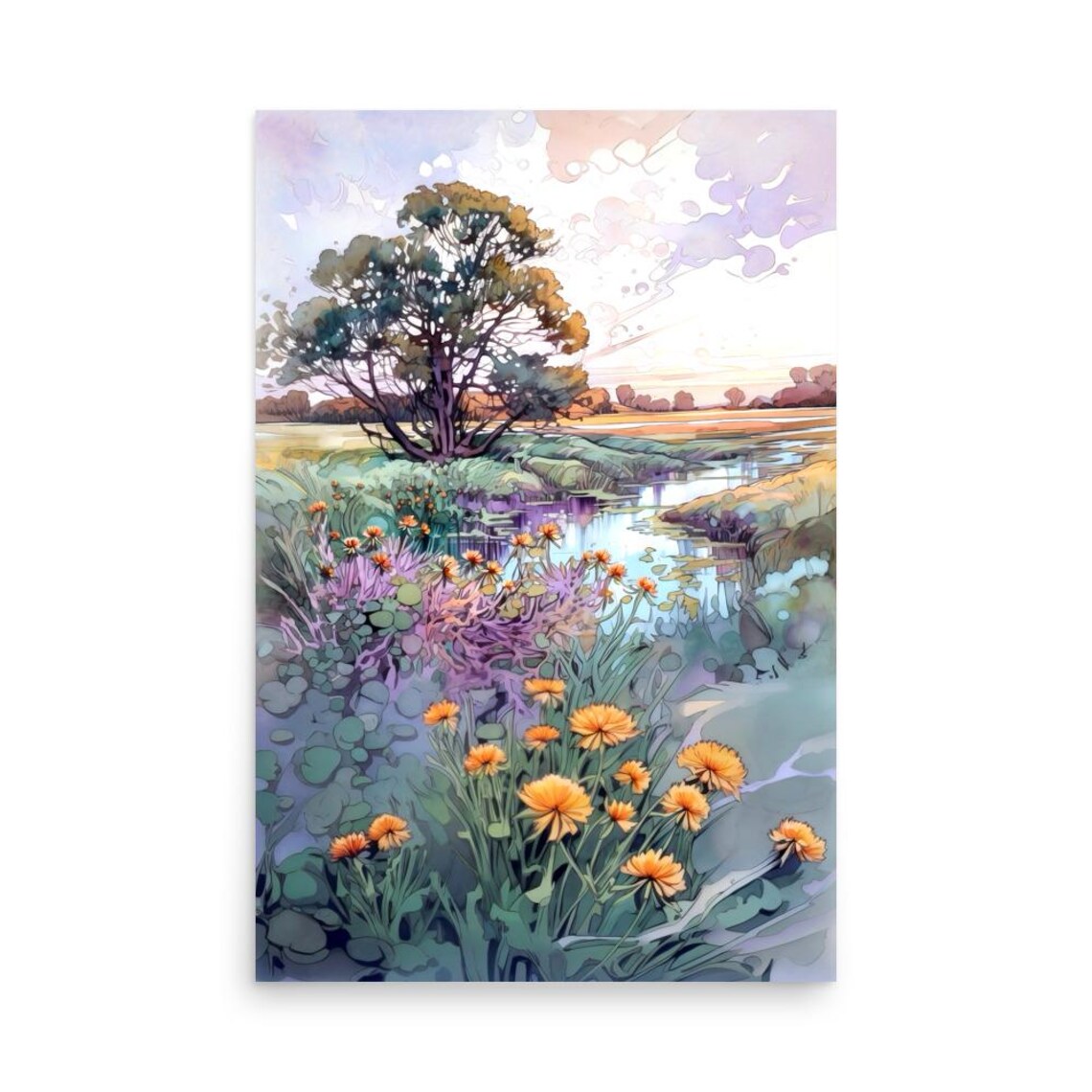 Orange Marigolds and Pond Lilies Watercolor Landscape Poster - Image 5