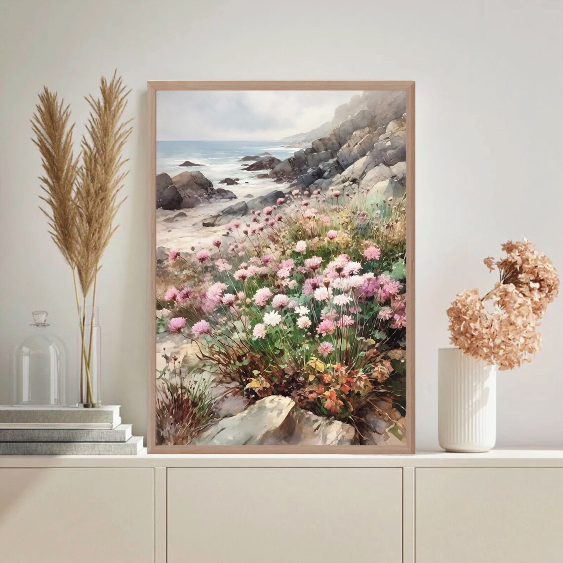 Rocky Coastline Pink Wildflowers Ocean Waves Watercolor Nature Poster - Image 2