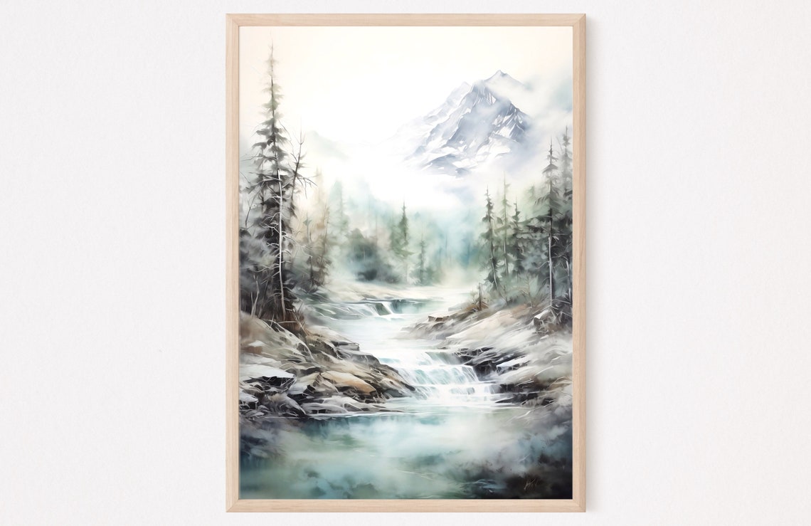 Misty Cascading River Watercolor with Pines Rocks and Peak Poster - Image 2