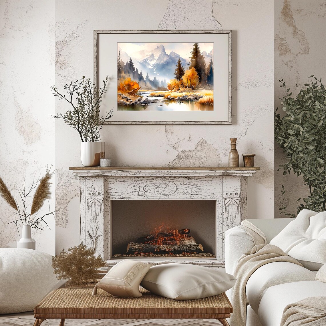 Autumn Mountain Lake Rocky Shoreline Snow Peaks Watercolor Nature Poster - Image 3