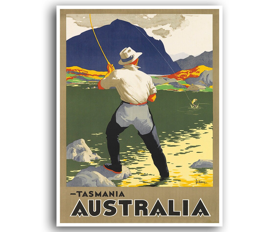 Tasmania Australia Fly Fisherman Vintage Lake Mountain Poster