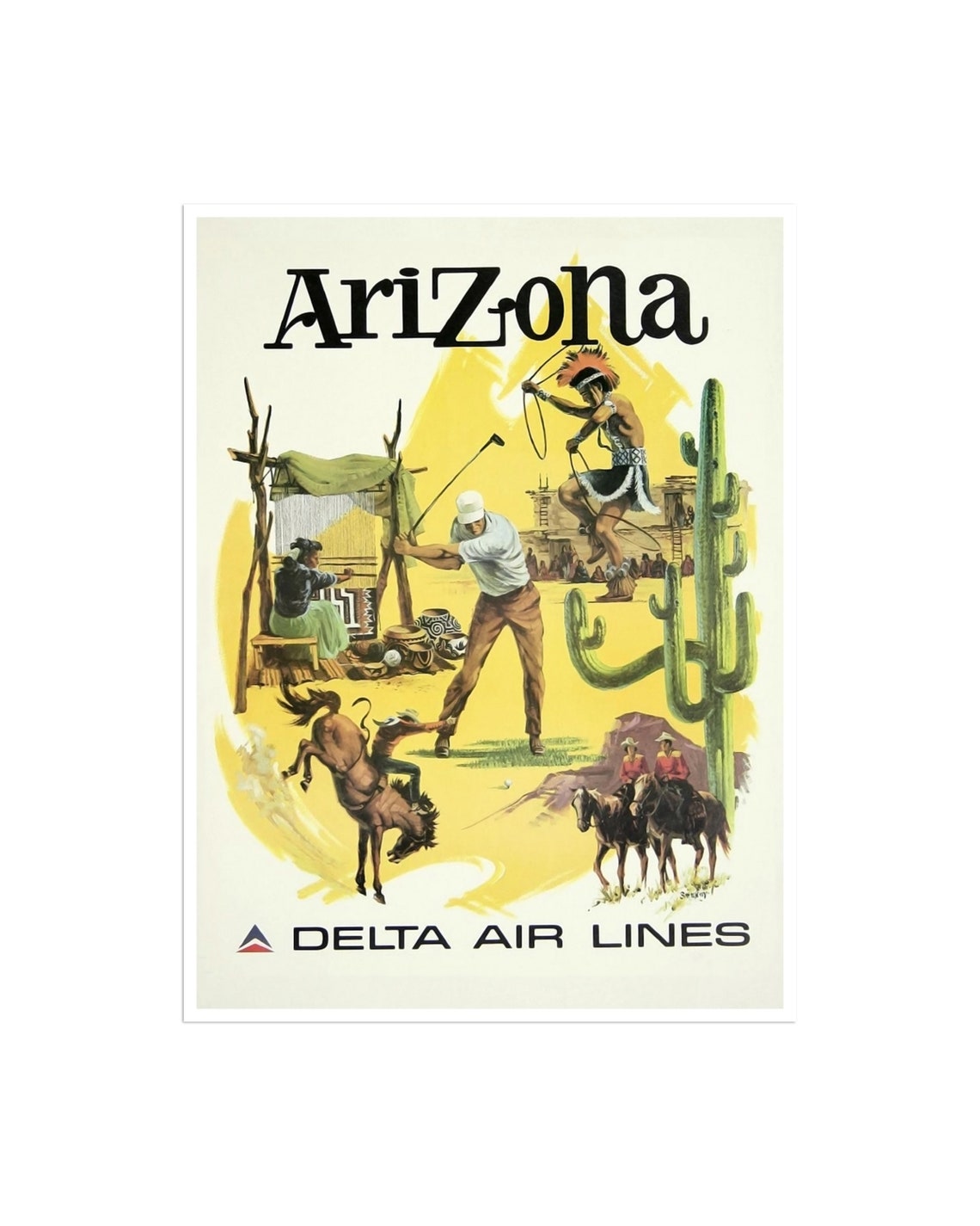 Arizona Delta Air Lines Desert Golf Rodeo Cactus Travel Poster Art