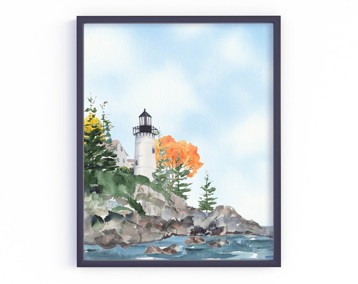 Autumn Lighthouse Coastal Decor Watercolor Art Print