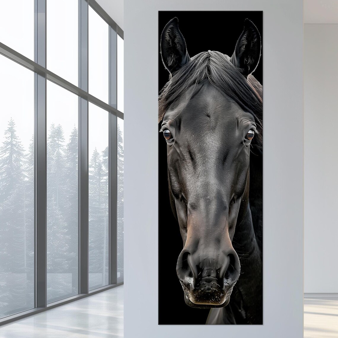 Majestic Black Horse Portrait Close Up Dark Background Equine Wall Art