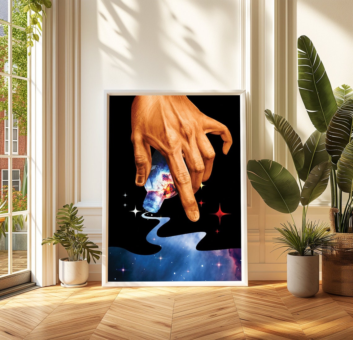 Starborn Cosmic Hand Pouring Galaxy From Bottle Space Art Poster
