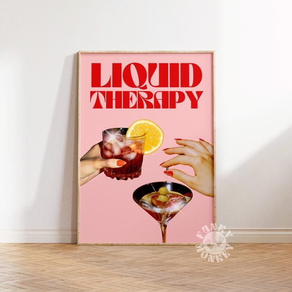 Trendy Wall Art Bar Cart Art Print Pink Bar Cart Decor Preppy Prints Funky Liquid Therapy Art Girly Poster Prints