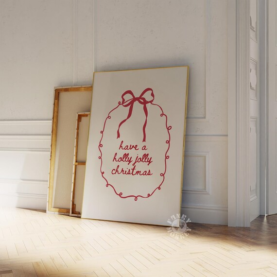 Holly Jolly Christmas Quote Poster Red Bow Whimsical Holiday Decor Art