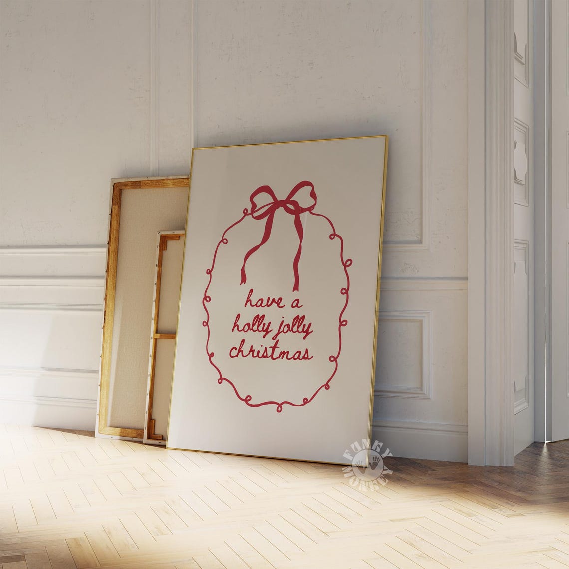 Holly Jolly Christmas Quote Poster Red Bow Whimsical Holiday Decor Art