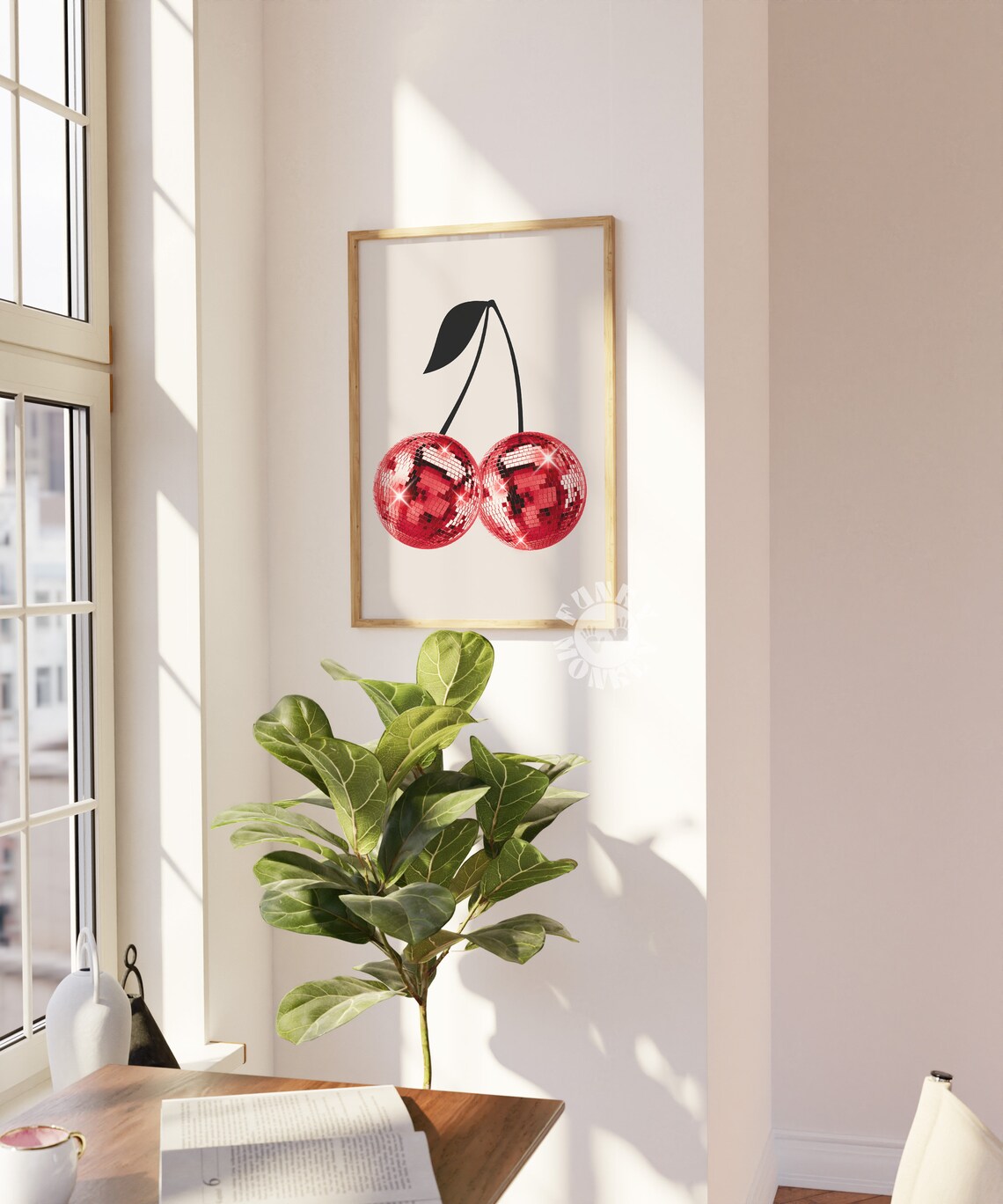 Retro Disco Ball Cherry Print, Preppy Bar Cart Art