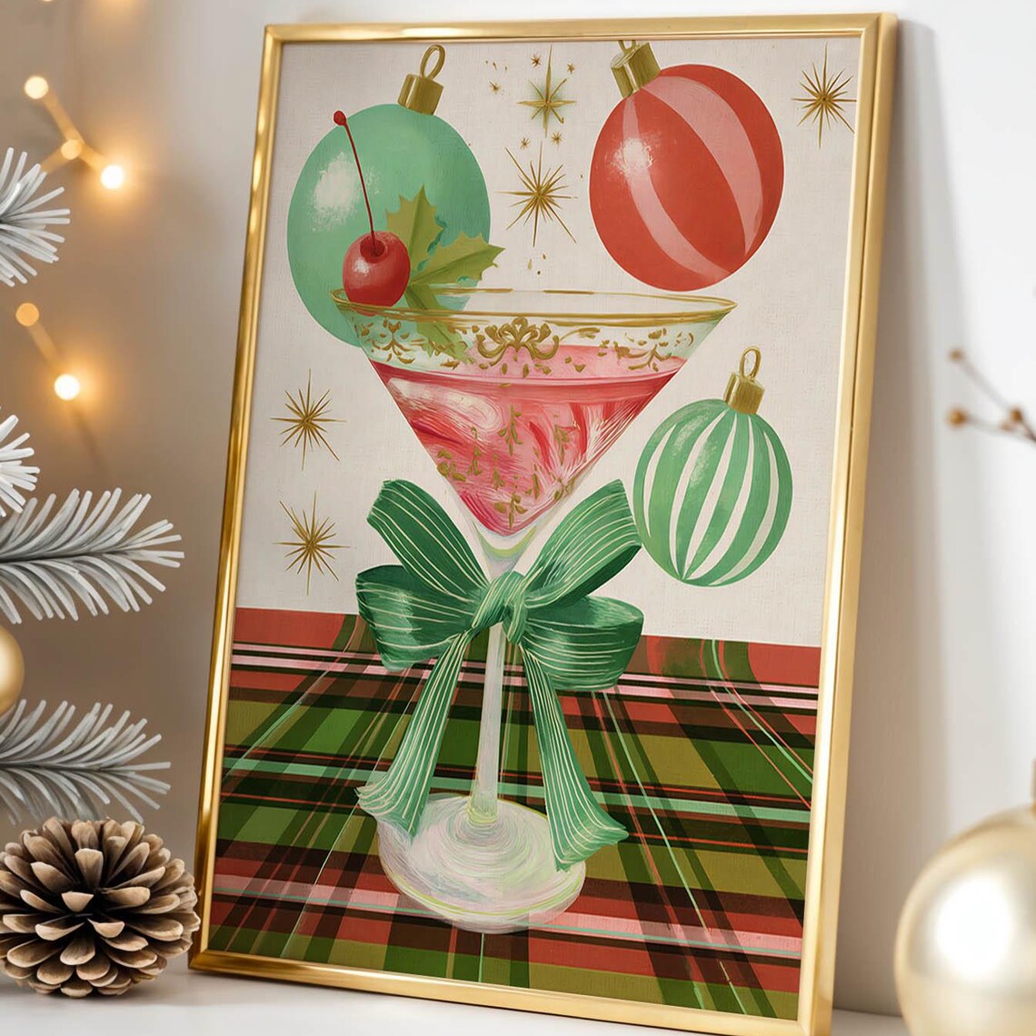 Retro Christmas Cocktail Poster, Mid Century Holiday Decor