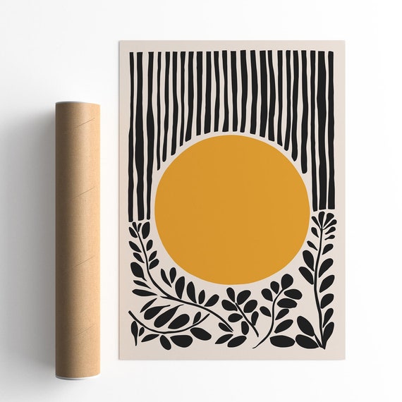 Mid Century Modern Yellow Sun Art Print Abstract Geometric Wall Decor Black Leaf Art Minimalist Boho Poster Contemporary Nature Wall Art