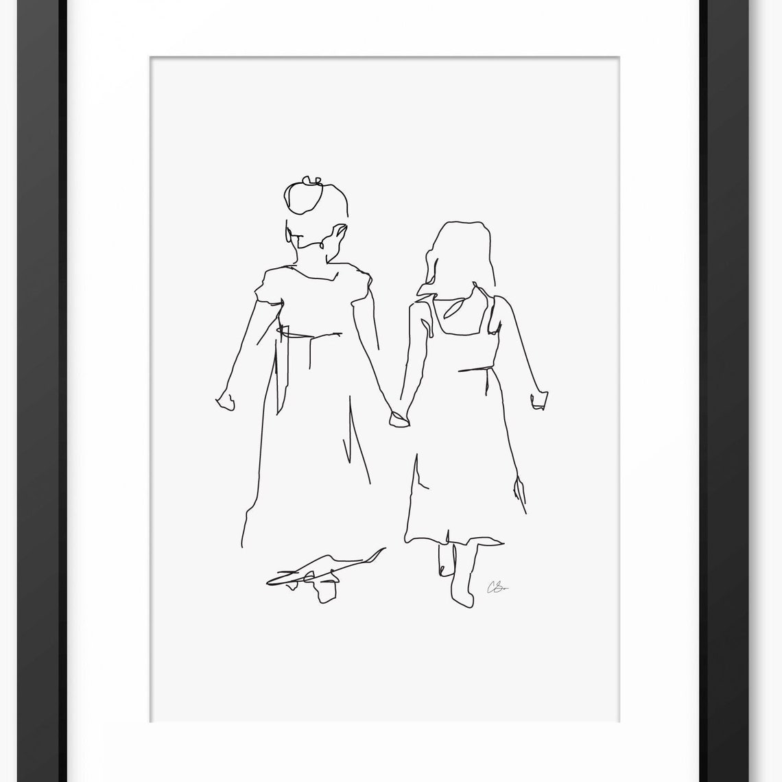 Two Sisters Walking Away Hand In Hand Line Art Drawing Poster