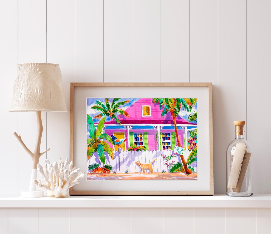 Key West Tabby Cat & Rooster Watercolor Art Print - Image 2