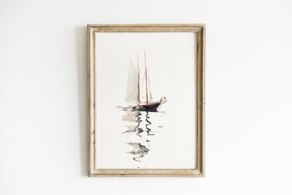 Vintage Sailboat Lake House Art Print, Nautical Decor