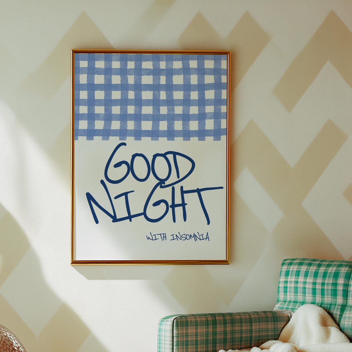 Good Night With Insomnia Blue Gingham Script Bedroom Quote Poster - Image 2