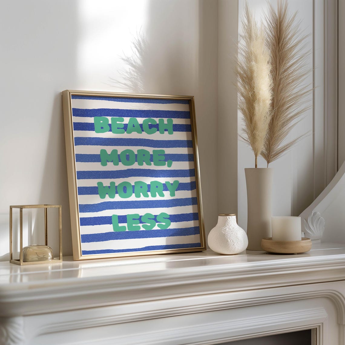 Beach More Worry Less Coastal Wall Art Bold Blue And Green Stripe Nautical Decor Summer Vibe Poster Tropical Quote Decor - Image 2