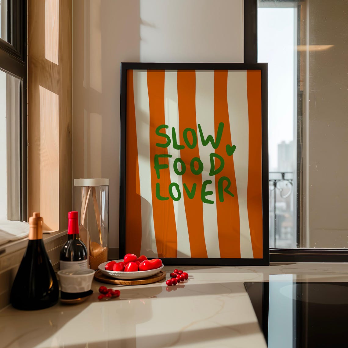Slow Food Lover Green Hand Lettered Orange Stripe Kitchen Poster - Image 2