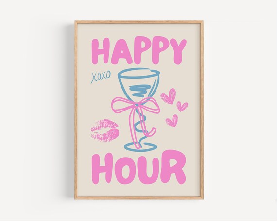 Happy Hour Retro Poster, Playful Bar Decor