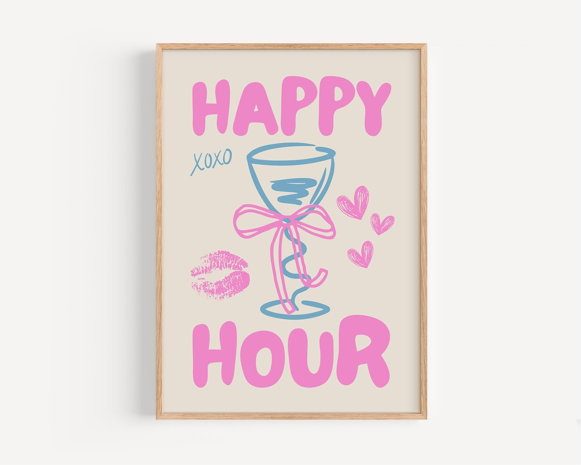 Happy Hour Retro Poster, Playful Bar Decor