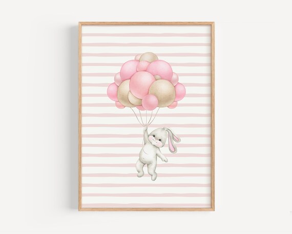 Bunny Floating With Pink Balloons Pastel Cute Nursery Poster