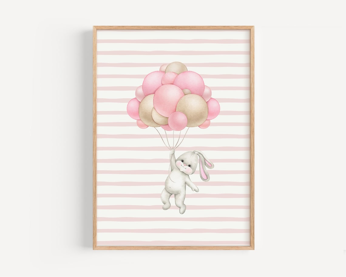 Bunny Floating With Pink Balloons Pastel Cute Nursery Poster